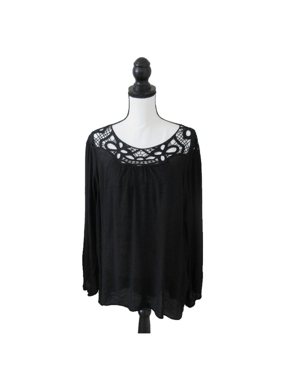 Lane Bryant Womens 18/20 Black Crocheted Yoke Gauze Tunic Top Blouse Boho-Chic